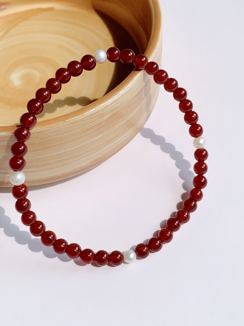 天然红玛瑙淡水珍珠手链 Red Agate & Flashwater Pearl Bracelet - 手链/手环 - 水晶 多色