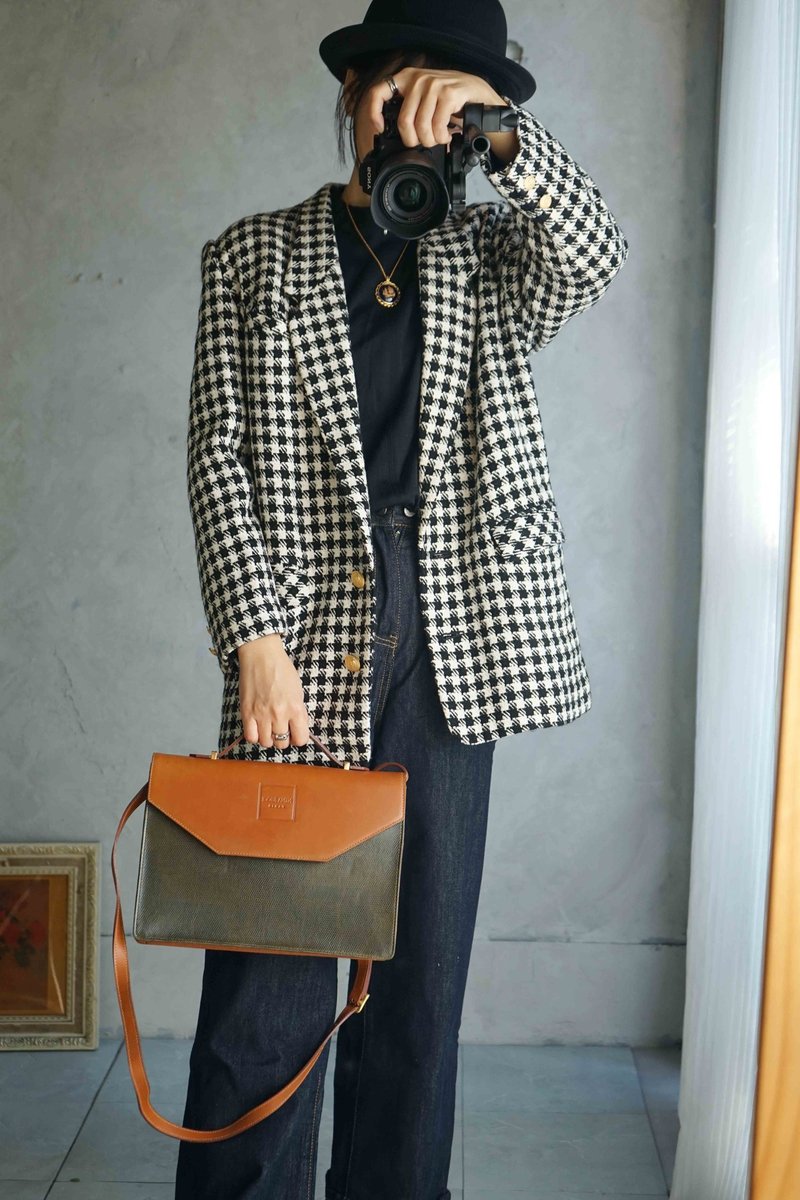 寻宝古着-经典黑白千鸟格金扣复古西装外套 - 女装西装外套/风衣 - 聚酯纤维 黑色