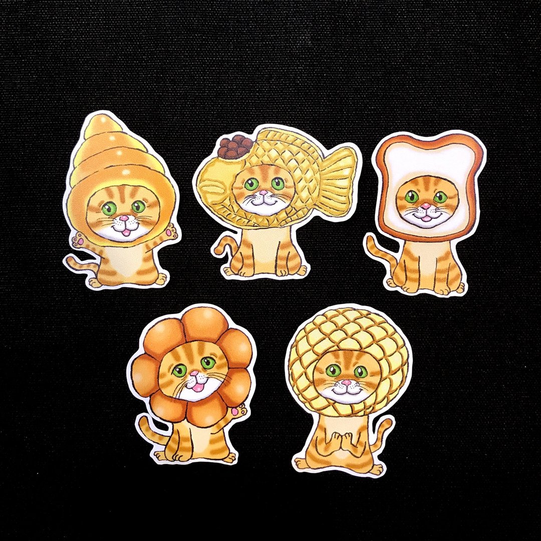 手绘 面包头套猫 点心猫 防水贴纸组 5入 - 贴纸 - 纸 