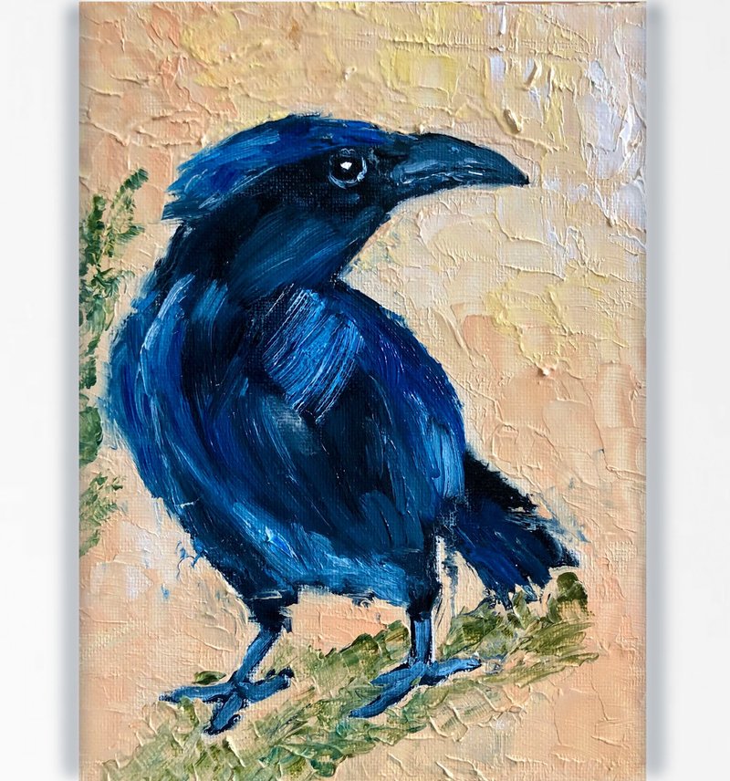 Raven Painting, Original Bird Wall Art, Gothic Original Art - 海报/装饰画/版画 - 棉．麻 蓝色