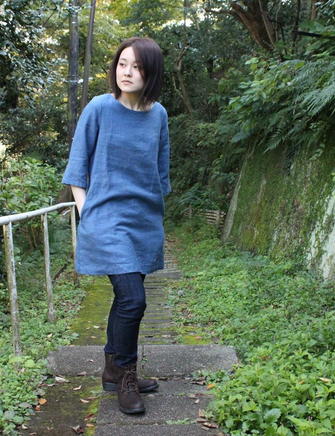 简约亚麻衬衫洋装 - 女装上衣 - 棉 蓝色