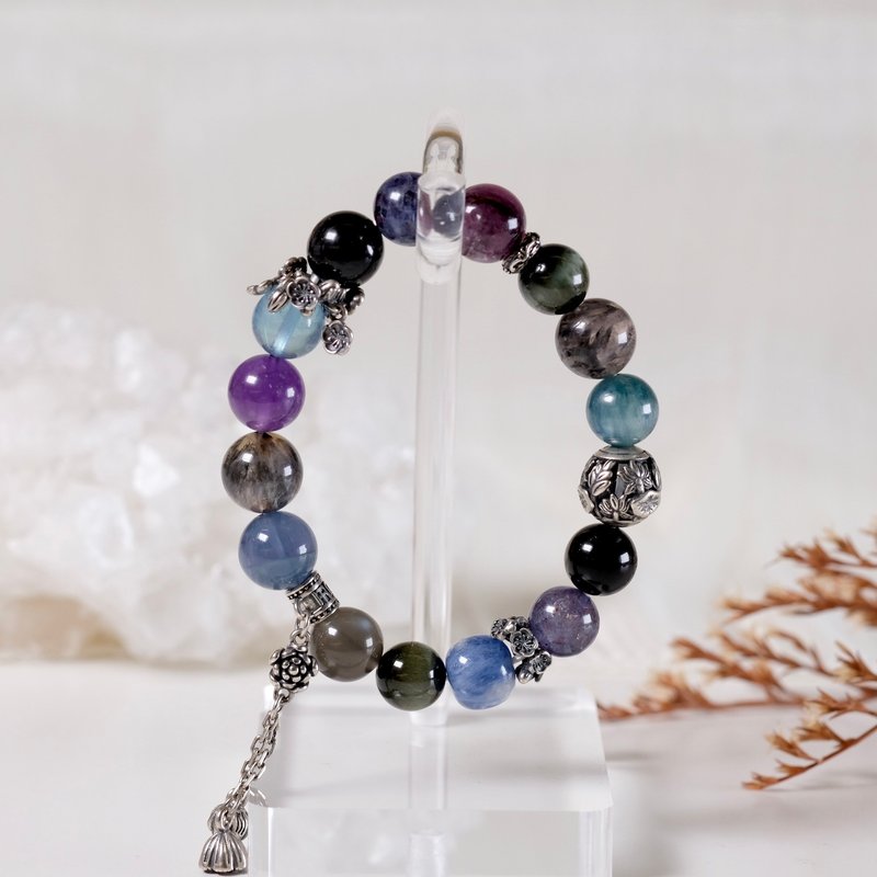 血滴堇青石 蓝晶石 鹰眼石 黑月光 黑极光 紫锂云母 海蓝宝 手链 - 手链/手环 - 水晶 多色