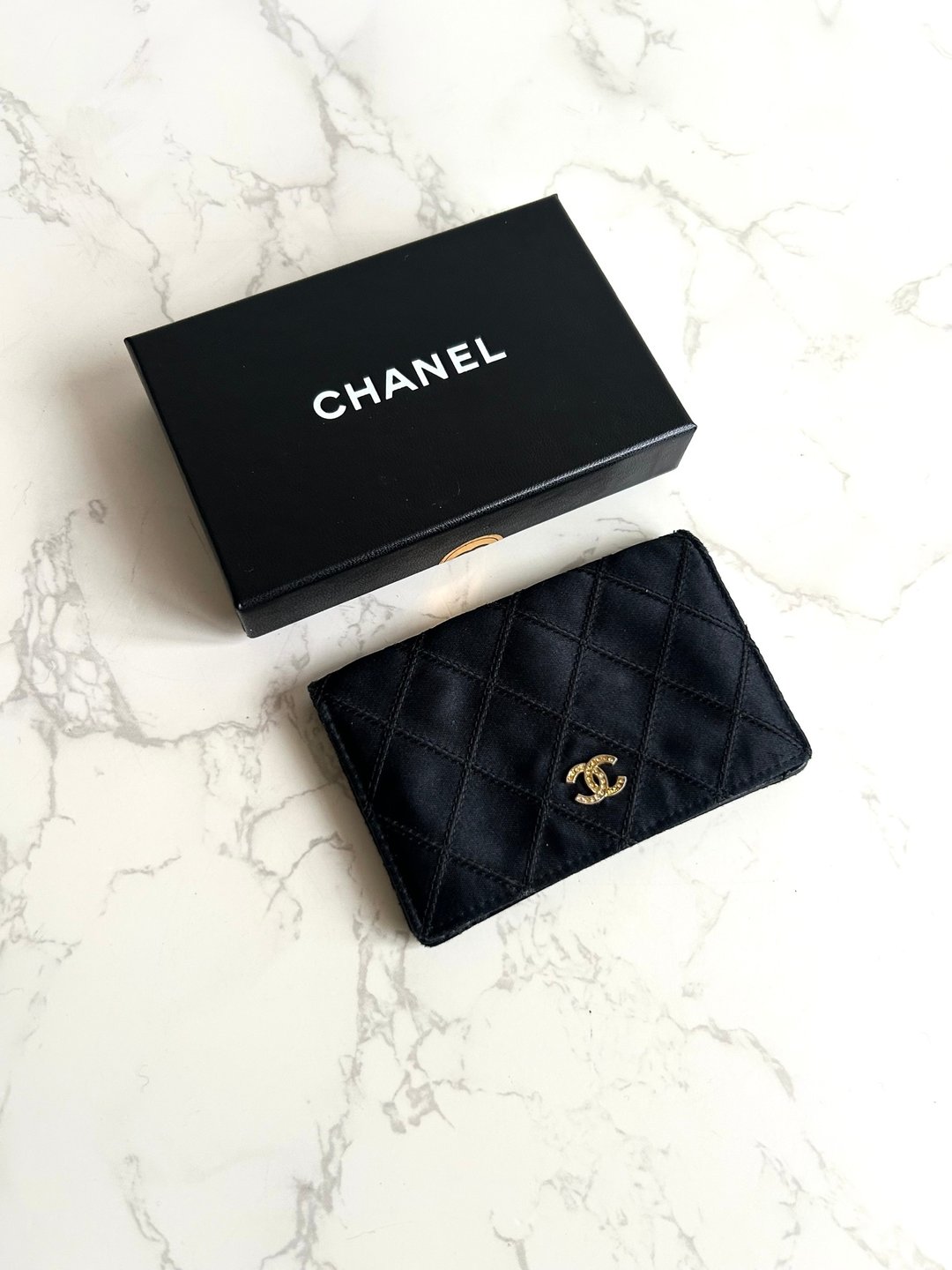 稀有Chanel 黑金色丝绢水钻短夹 钱包 中夹 卡片包 皮革包 中古包 - 皮夹/钱包 - 真皮 黑色