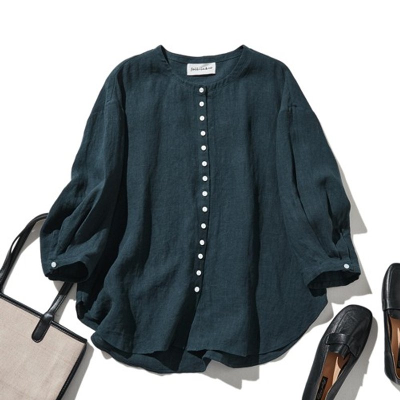 简约百搭亚麻开衫 无领设计 简约风格 百搭单品 深蓝色 230506-6 - 女装衬衫 - 棉．麻 