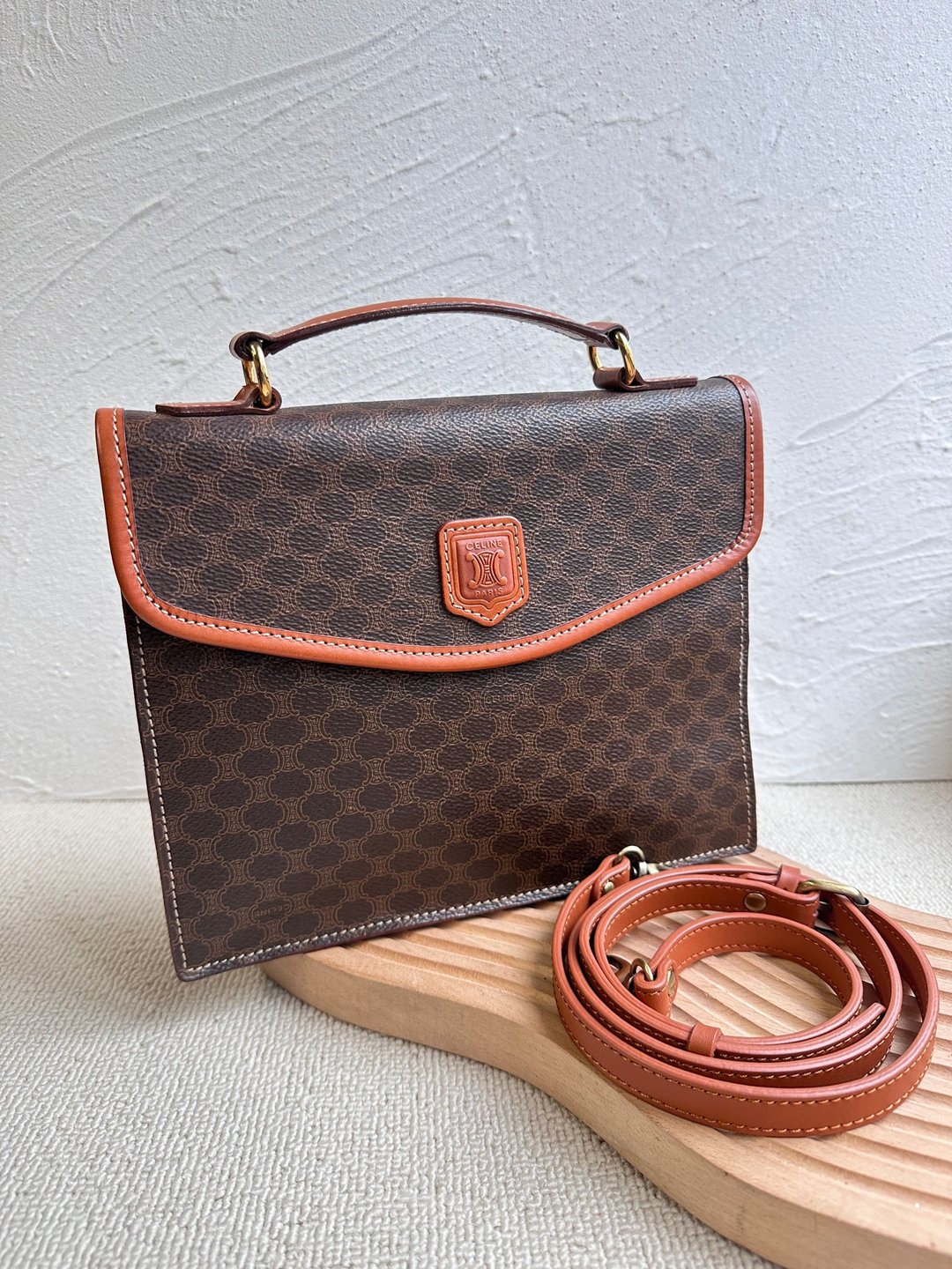 中古包 Vintage Celine 棕花公文包 - 侧背包/斜挎包 - 防水材质 