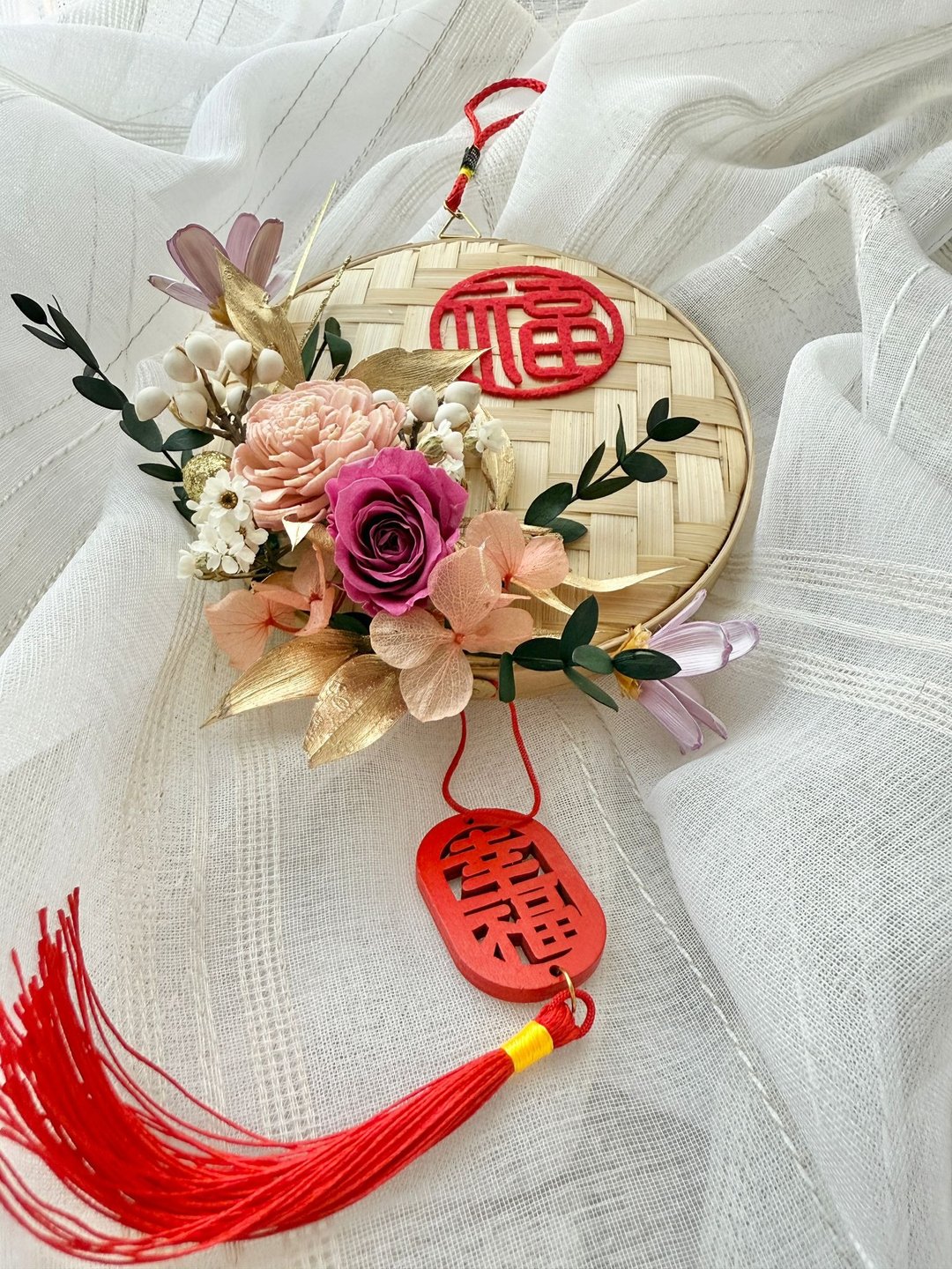 马年春节永生花 |不凋花 |干燥花 福字米筛春联挂饰 春节装饰 - 干燥花/捧花 - 植物．花 