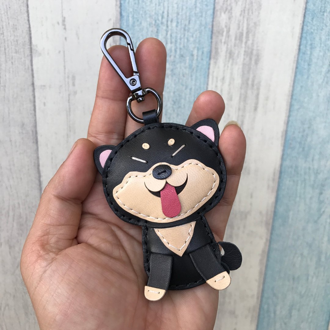 疗愈小物 黑/米色 柴犬 狗 纯手工缝制 皮革 钥匙扣 小尺寸 - 钥匙链/钥匙包 - 真皮 黑色