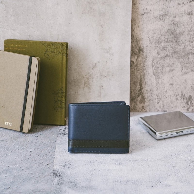 【礼盒】皮革压饰多卡三折短夹 X0019 蓝N - 皮夹/钱包 - 真皮 蓝色