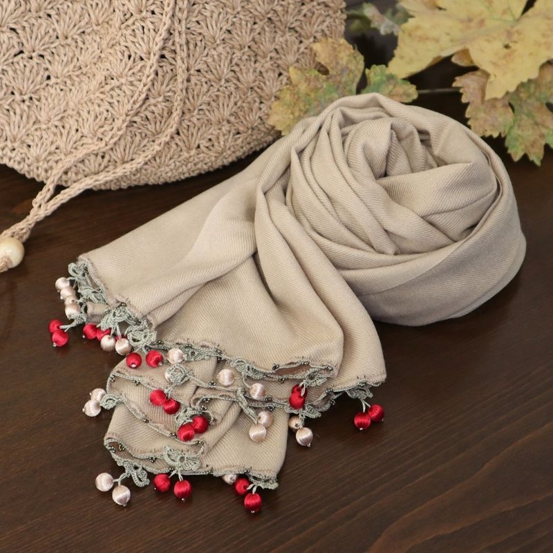附蕾丝樱桃羊绒围巾【Cherry】咖啡摩卡 - 丝巾 - 羊毛 咖啡色