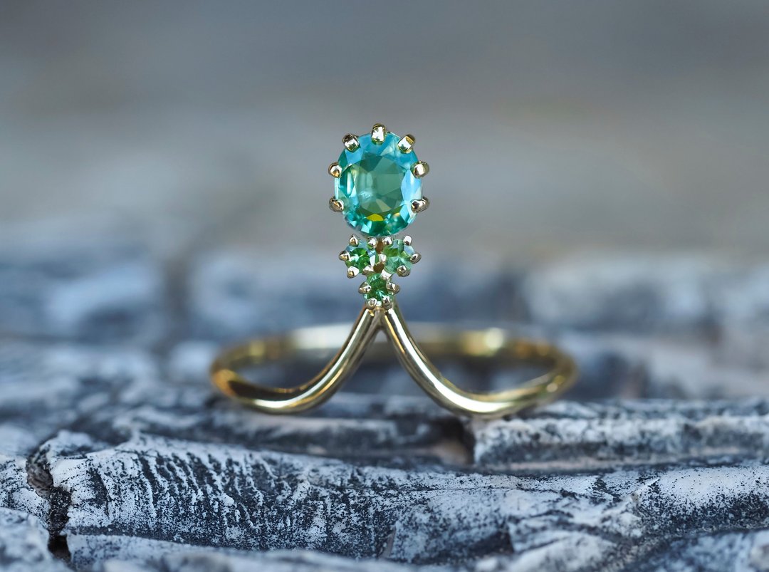 14k gold ring with sapphire and tsavorite - 戒指 - 贵金属 金色