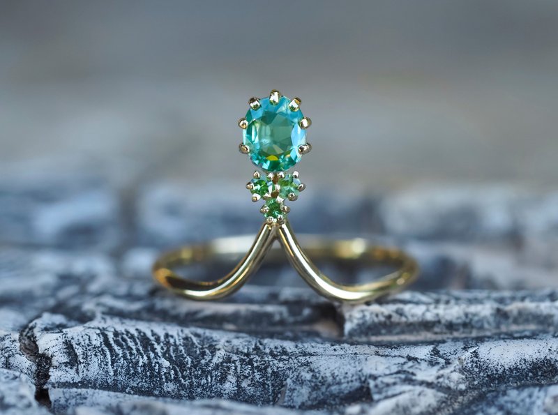 14k gold ring with sapphire and tsavorite - 戒指 - 贵金属 金色