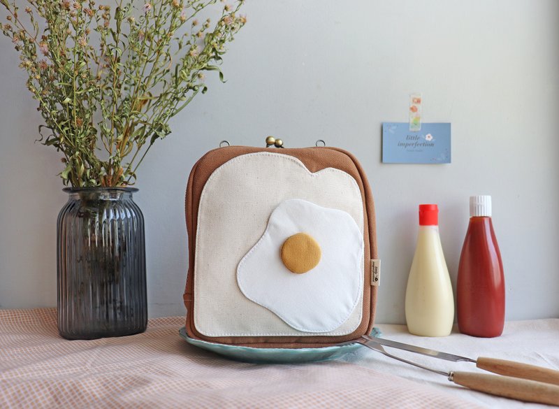 - 吐司加蛋 - 造型口金包 吐司包 侧背包 手机包 仿真包 - 侧背包/斜挎包 - 棉．麻 咖啡色