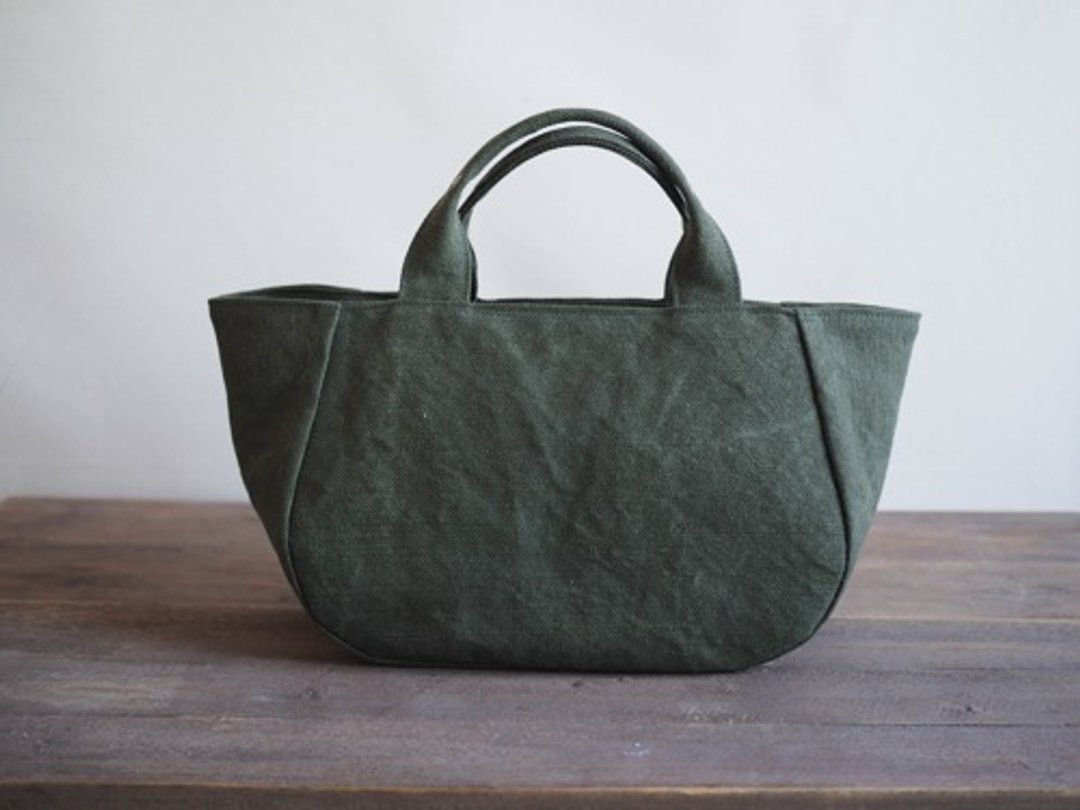 Made-to-order [MILITARY TWILL] Round tote with lid M khaki drive - 手提包/手提袋 - 棉 绿色