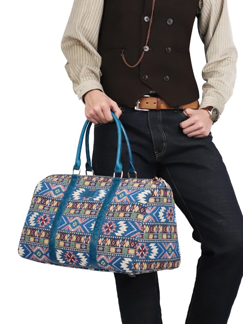 旅行包与周末行李袋 牛皮拼接提花毛毯手提旅行包 出差短途行 - 手提包/手提袋 - 真皮 蓝色