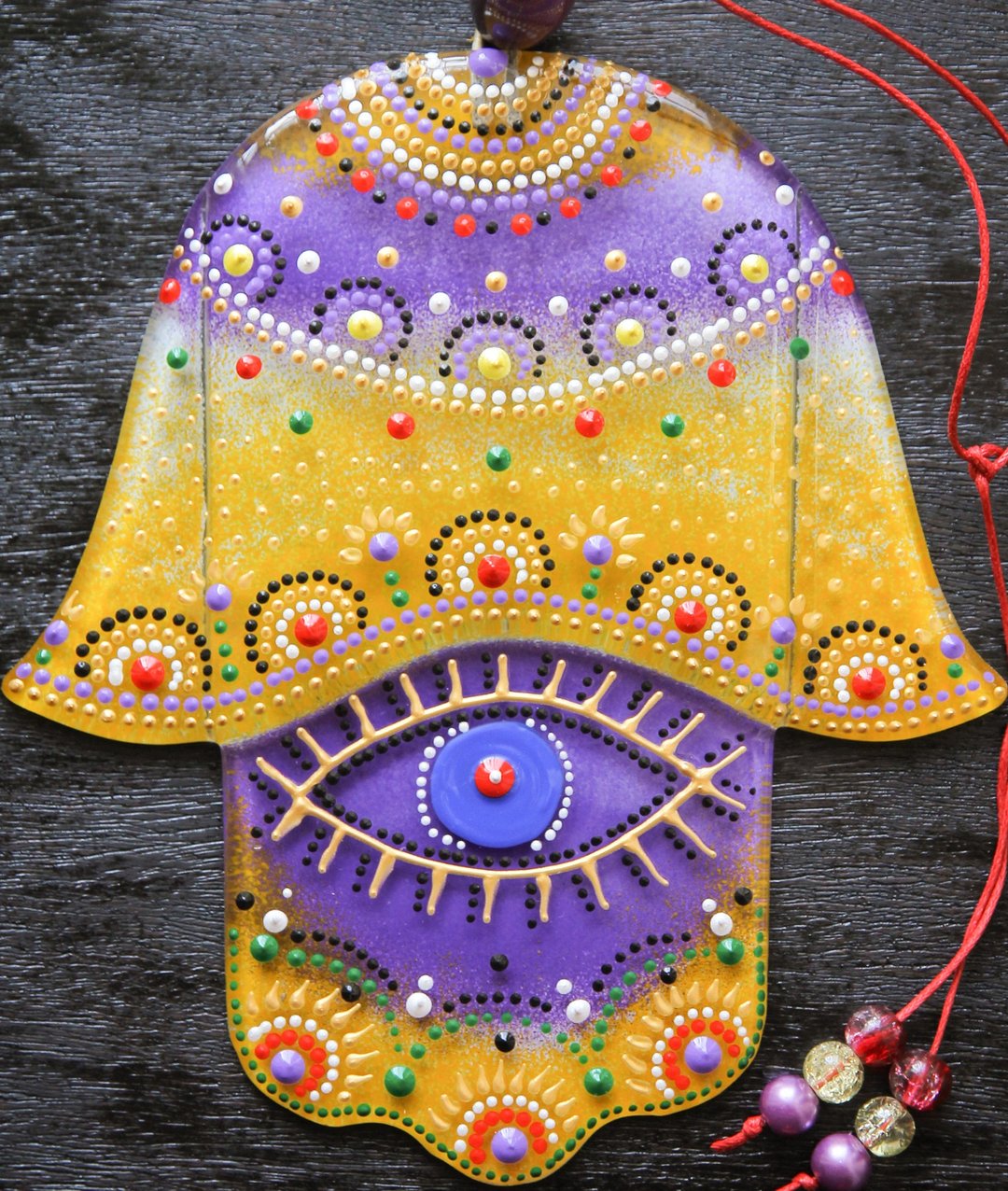 Hamsa 手玻璃墙板个性化保护符号，彩绘艺术悬挂 - 墙贴/壁贴 - 玻璃 紫色