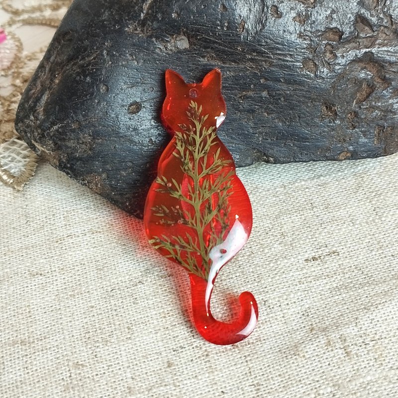 红猫胸针。叶猫徽章。红猫别针。树脂胸针手工制作。爱猫人士的礼 - 胸针 - 树脂 红色