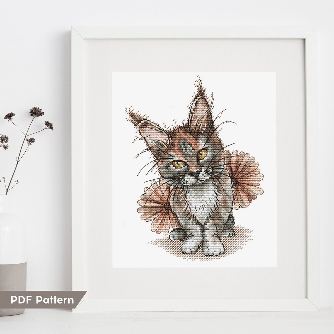 Kitten Cat cross stitch pattern digital download PDF Animal handmade embroider - 编织/刺绣/羊毛毡/裁缝 - 绣线 咖啡色