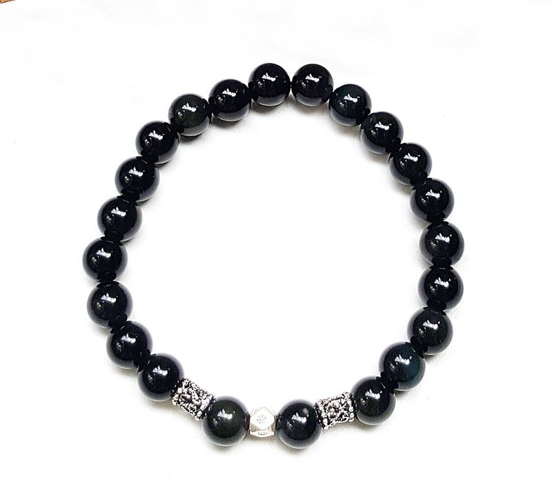 五行--水系能量石 黑曜石 925纯银手链 天然石 极简 七夕 定制化 - 手链/手环 - 宝石 黑色