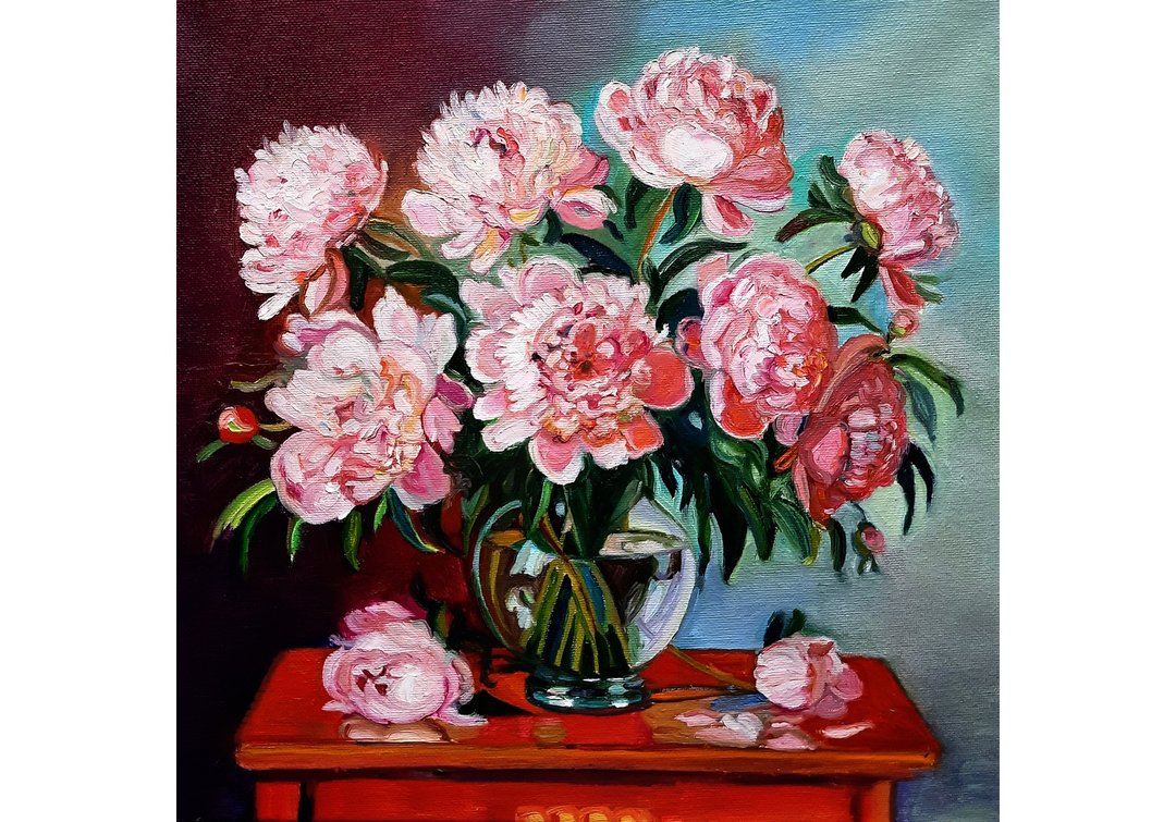 花瓶中的牡丹画原创艺术油画布面油画 30x30 平方米 - 墙贴/壁贴 - 其他材质 粉红色