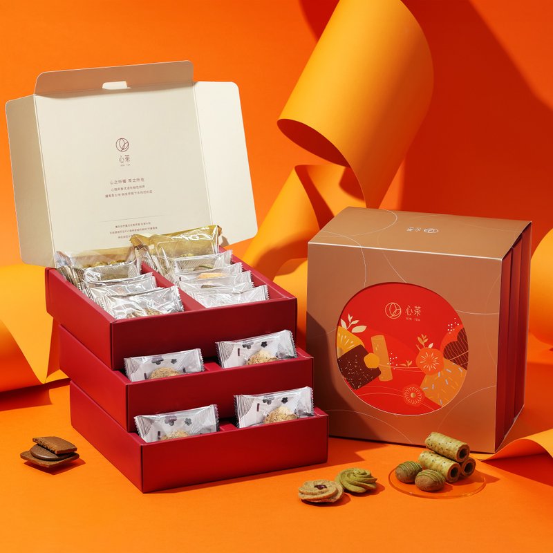 茶点礼盒 | 手工蛋卷 X 日式茶饼 36 入 (三层烫金礼盒，附赠提袋) - 手工饼干 - 新鲜食材 多色