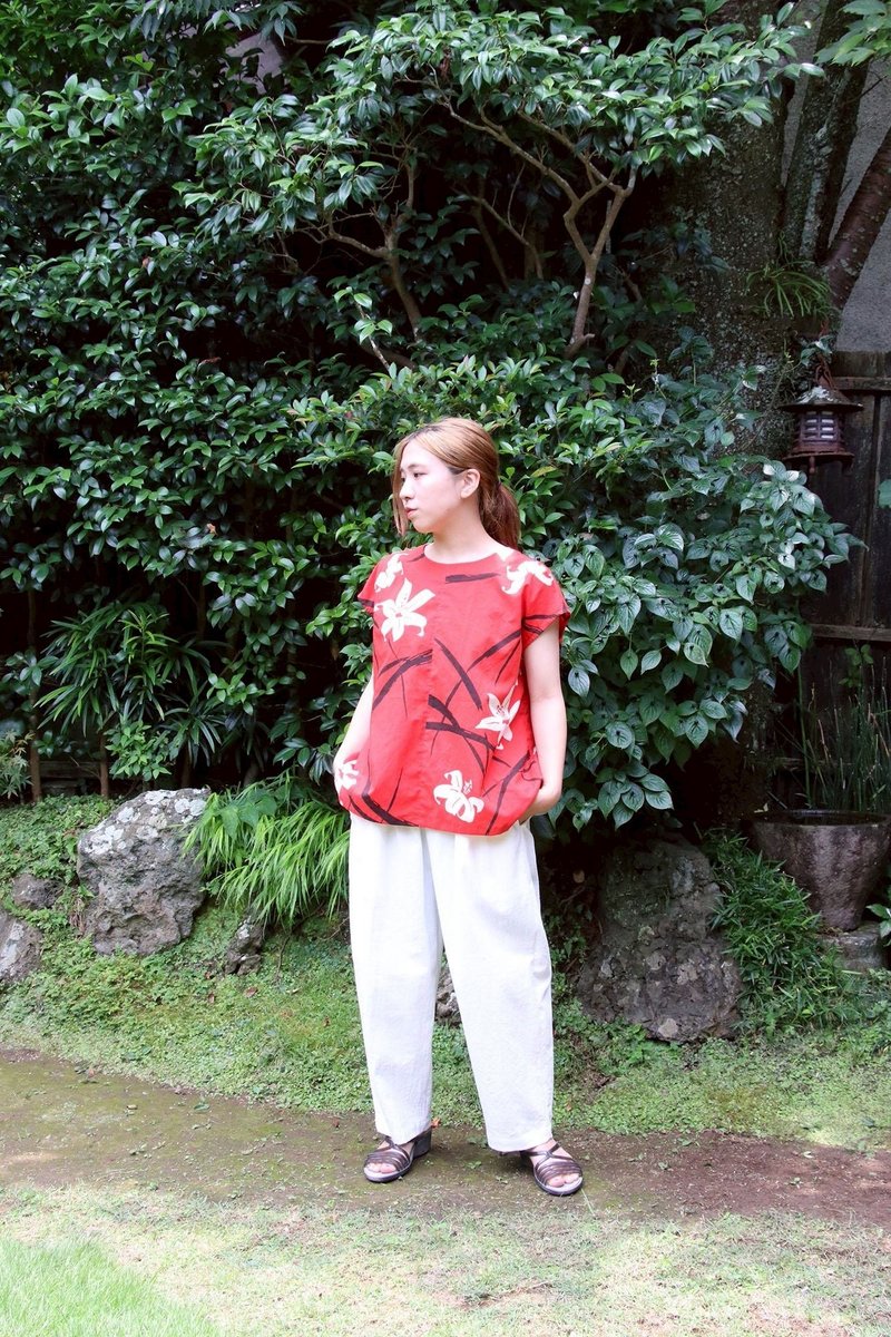 浴衣复刻版花痴法式袖套头衫 - 女装上衣 - 棉．麻 红色