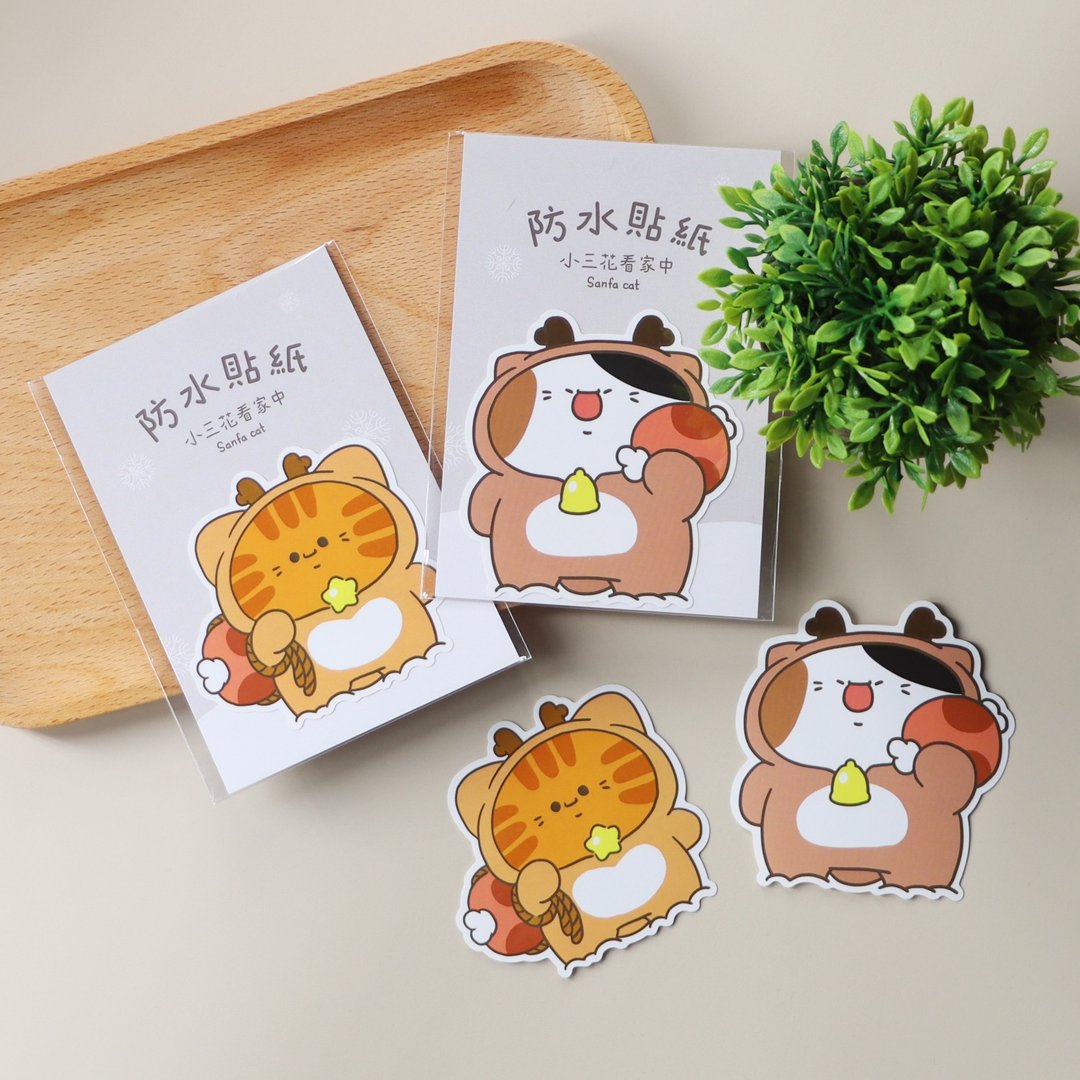 不残胶防水贴纸-麋鹿猫猫│小三花看家中Sanfa cat│圣诞节贴纸 - 贴纸 - 纸 白色