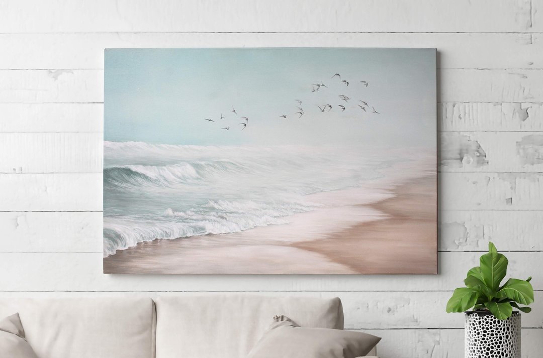 中性海滩绘画 | 蓝米色海岸风景 | 海风 2 - 墙贴/壁贴 - 棉 蓝色