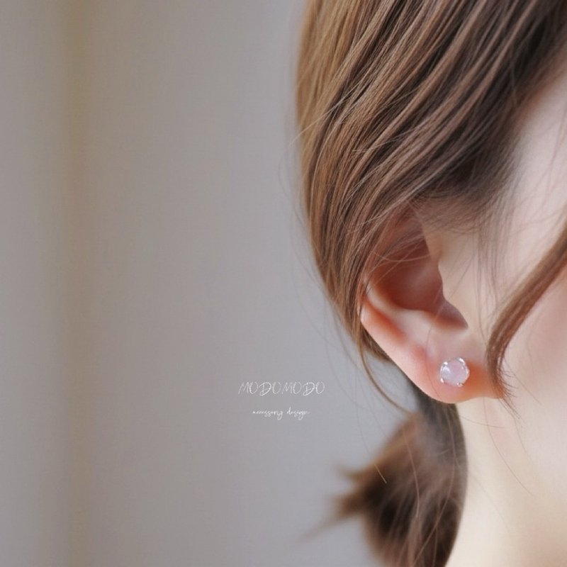 925纯银耳环 粉水晶耳环 纯银耳针 | 6mm马粉晶 一对 ER-00007 - 耳环/耳夹 - 纯银 粉红色