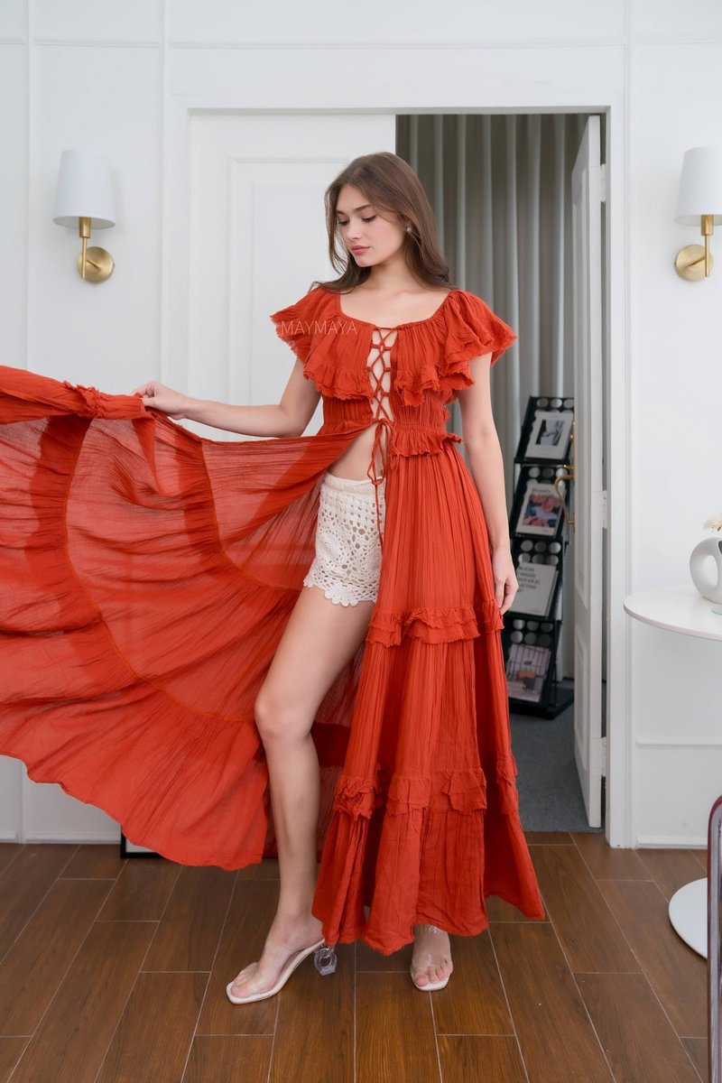 波西米亚风长罩衫、海滩比基尼罩衫、绳结、披肩、波西米亚风罩衫 - 洋装/连衣裙 - 棉．麻 红色