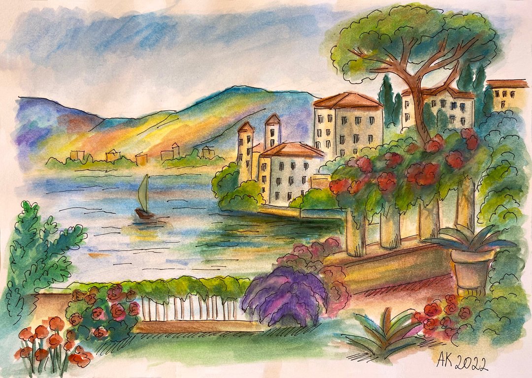意大利湖水彩画，科莫湖，婚礼场地，家居装饰，室内 - 墙贴/壁贴 - 其他材质 多色