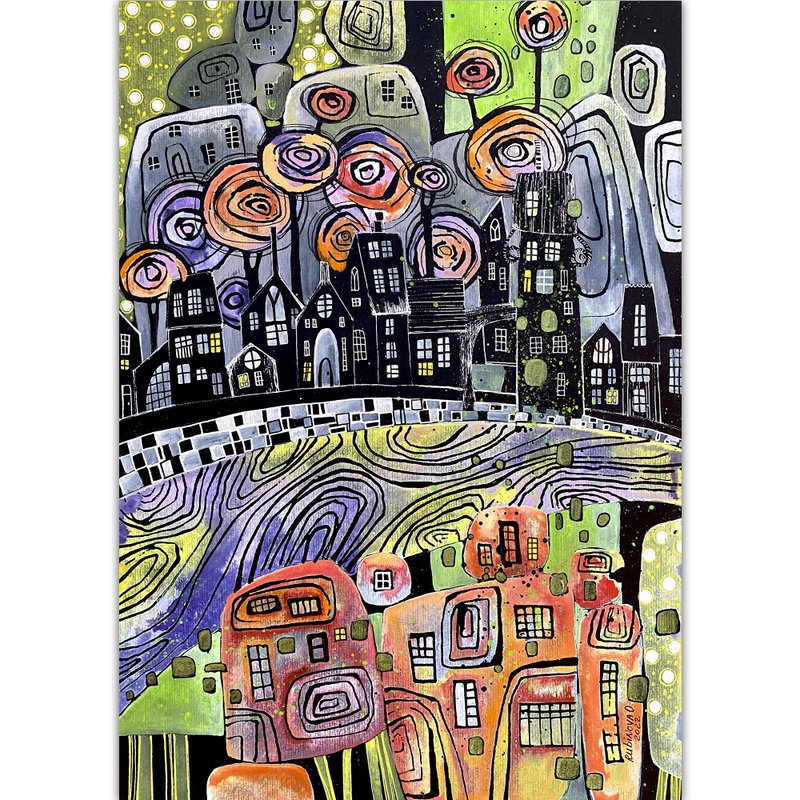 Fantasy painting Colorful Original art Black modern artwork Whimsical watercolor - 墙贴/壁贴 - 纸 黑色