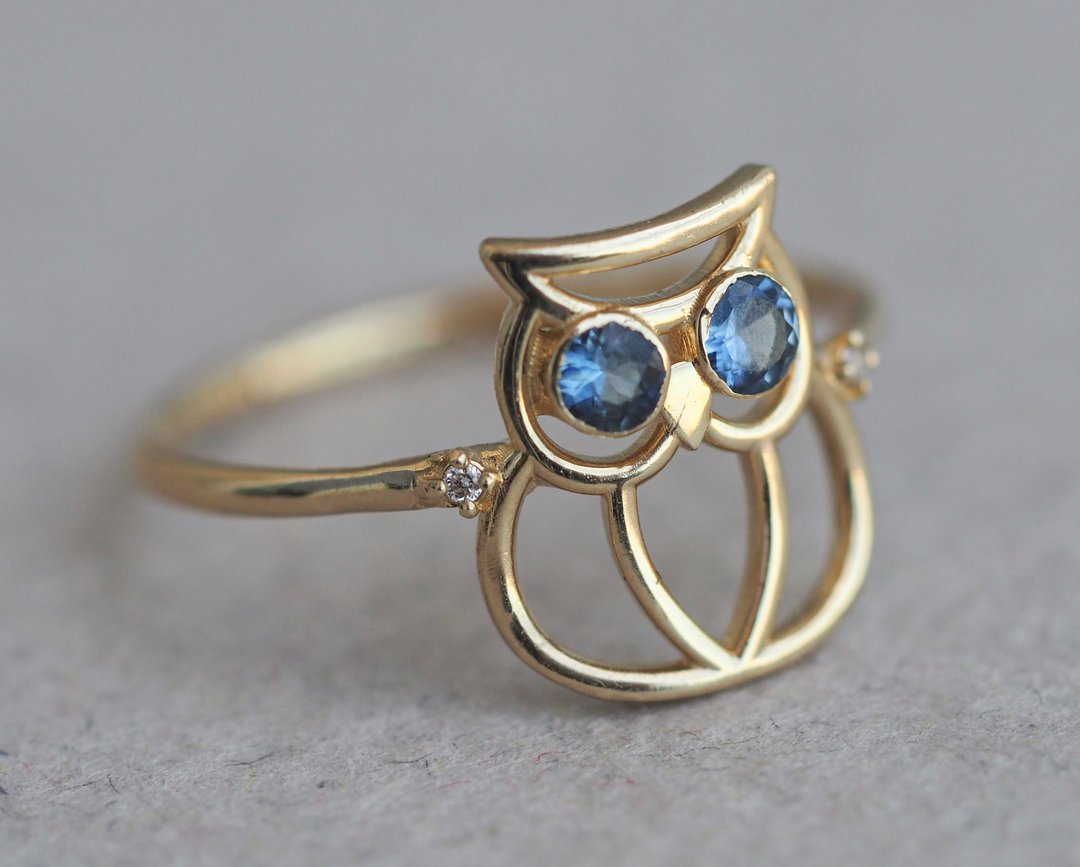 14k gold owl ring with tanzanite and diamonds - 戒指 - 贵金属 金色