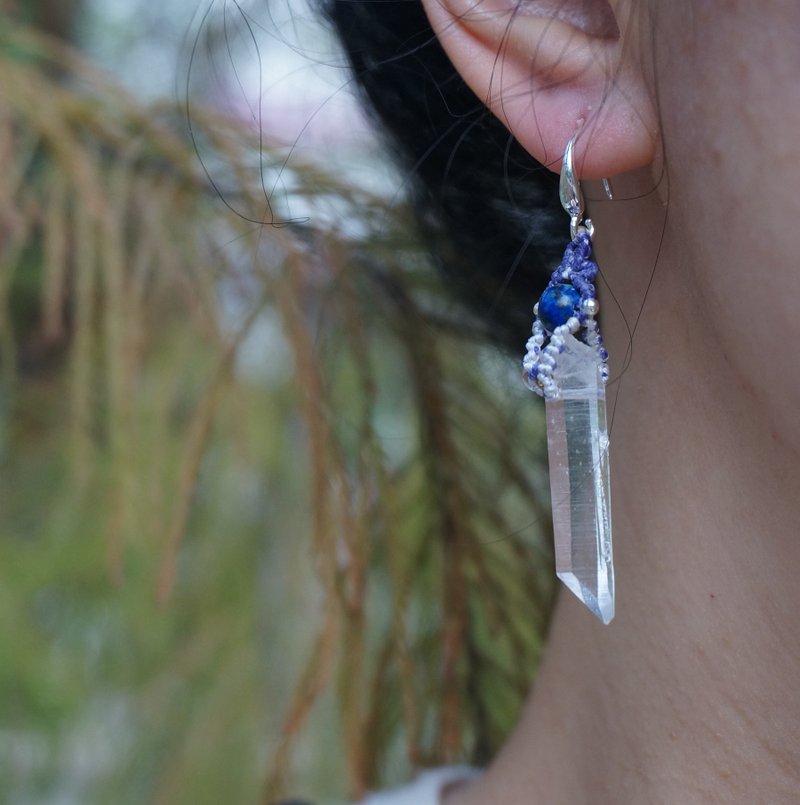 | MC |  原创设计 白水晶柱紫水晶/硅孔雀石耳环 蜡线编织 - 耳环/耳夹 - 水晶 