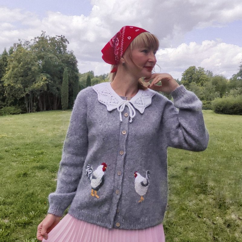 手工编织羊驼毛羊毛开衫与刺绣公鸡和鸡为妇女 - 女装针织衫/毛衣 - 羊毛 