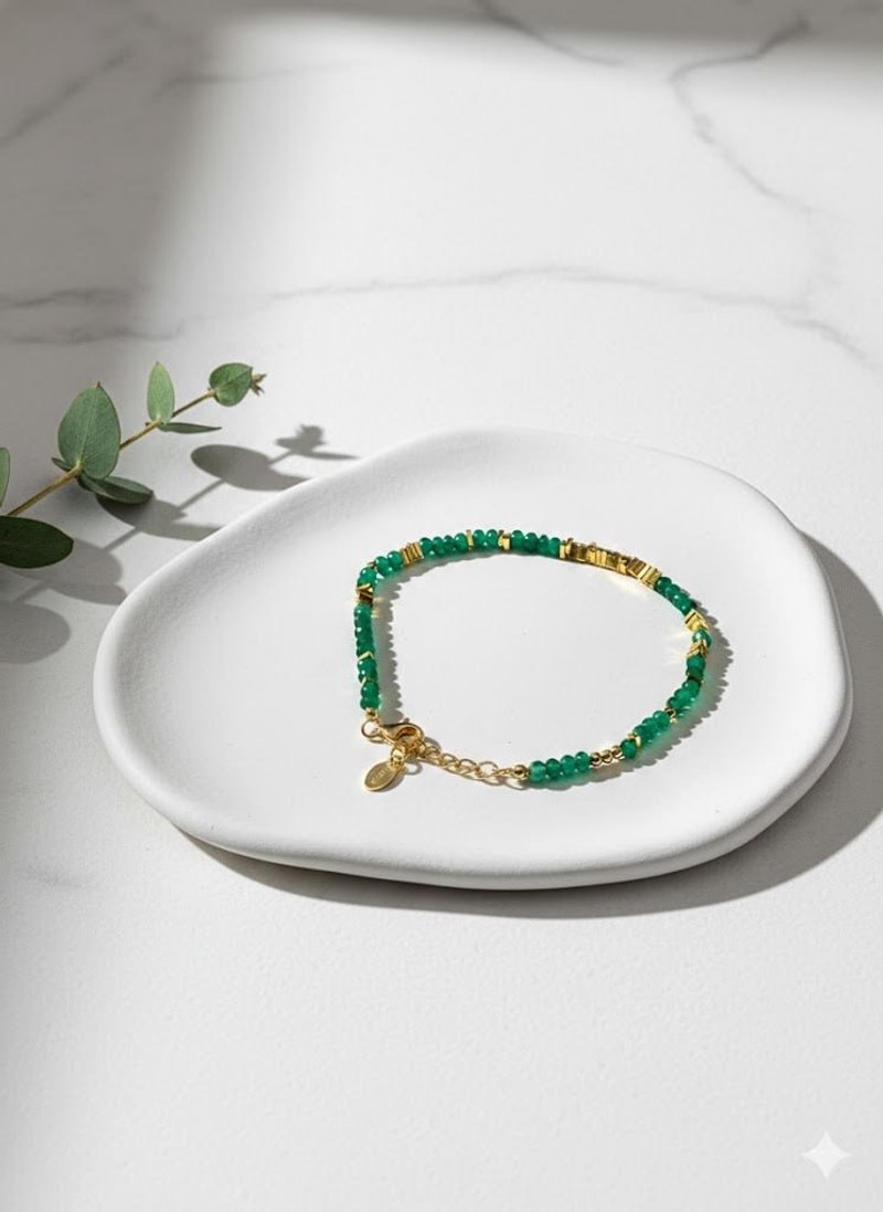 翡翠森林 天然绿玛瑙拼接碎金 手链 (法式复古/显白) - 手链/手环 - 银 绿色