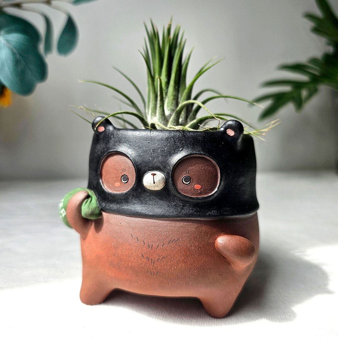 The seed robber bear planter. Handmade plant pot. - 花瓶/陶器 - 陶 