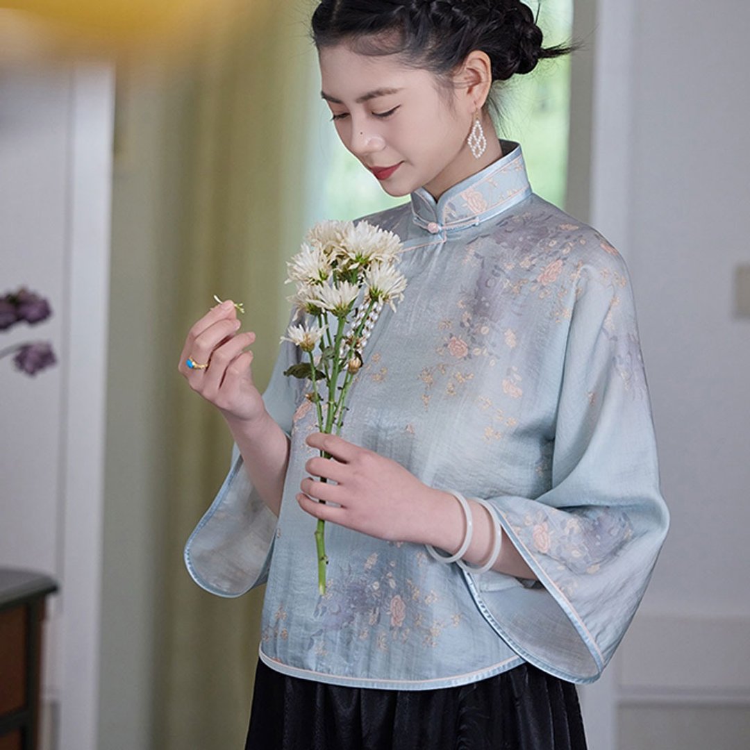 新中式盤扣上衣 / 倒大袖復古小衫 / 民國風清冷感襯衣 - 女装上衣 - 其他材质 蓝色