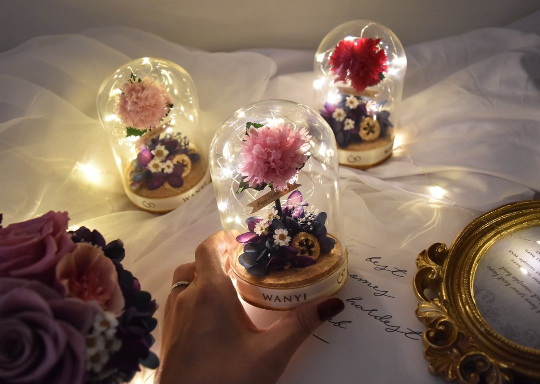 康乃馨暖心玻璃罩玫瑰  七夕 永生花 不凋花 干燥花 送礼 夜灯 - 干燥花/捧花 - 植物．花 红色