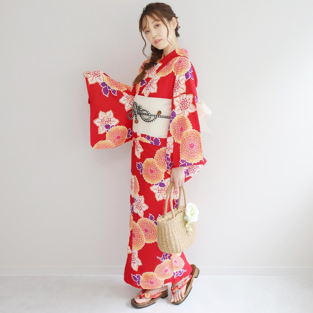 日本 和服 聚酯纤维 梭织 浴衣 腰封 2件组 F x81-100a yukata - 其他 - 其他人造纤维 红色