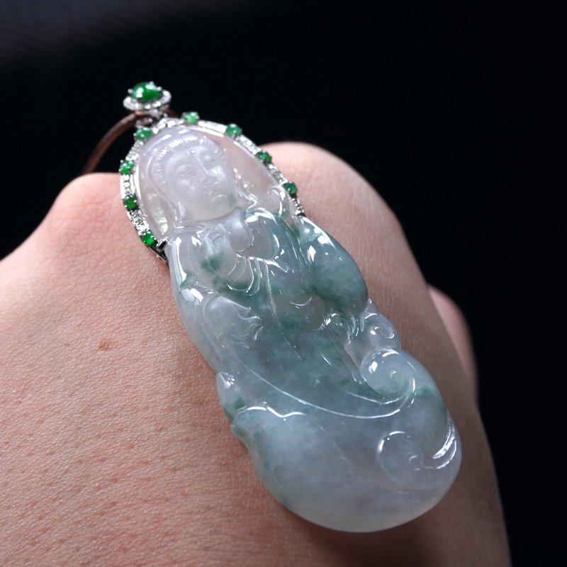 冰种飘蓝花翡翠观音菩萨项链18K金钻石| 天然缅甸玉翡翠A货| 送礼 - 项链 - 玉石 多色