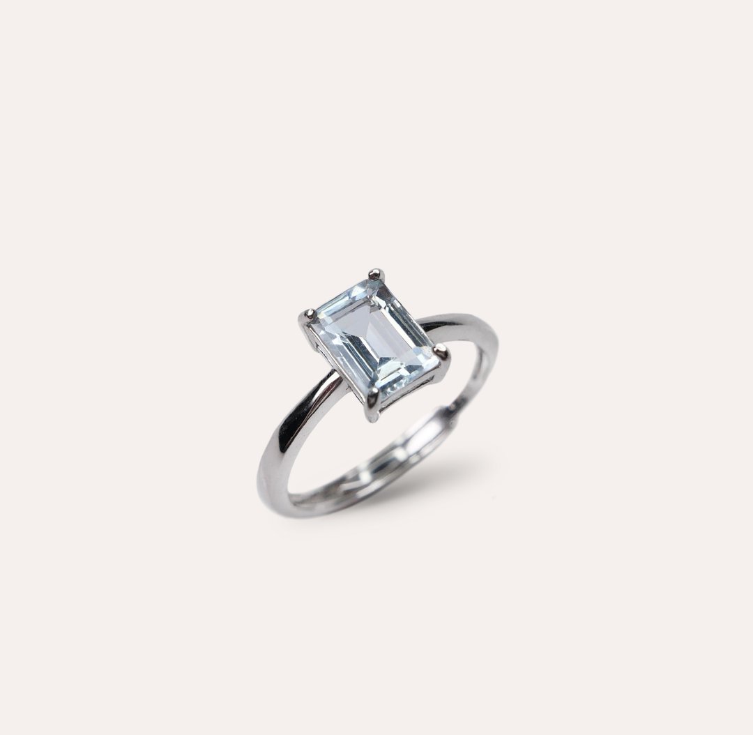 AND 海蓝宝 蓝色 长方 5*7mm 戒指  经典系列 Emerald 天然宝石 - 戒指 - 银 蓝色