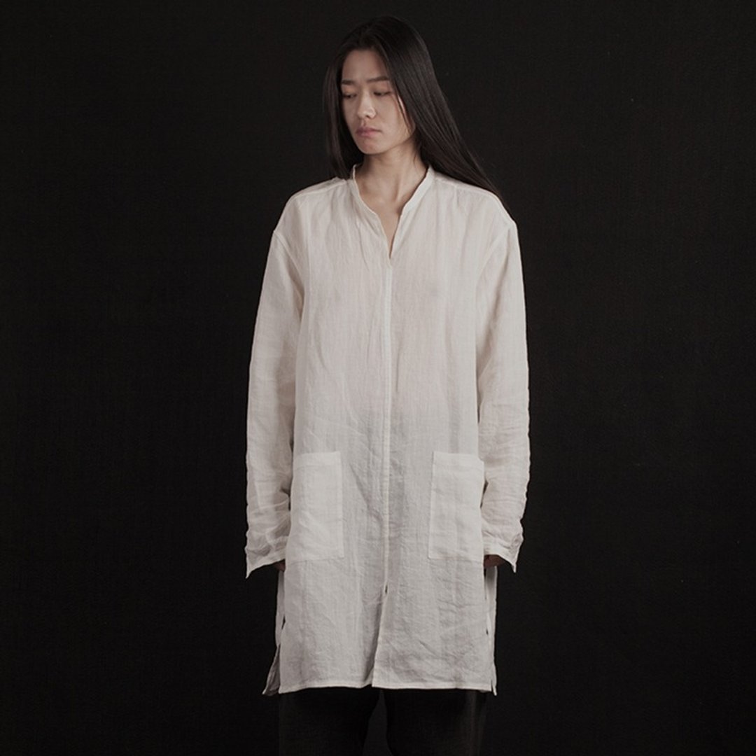 白色亚麻中长衬衫 - 女装衬衫 - 棉．麻 白色