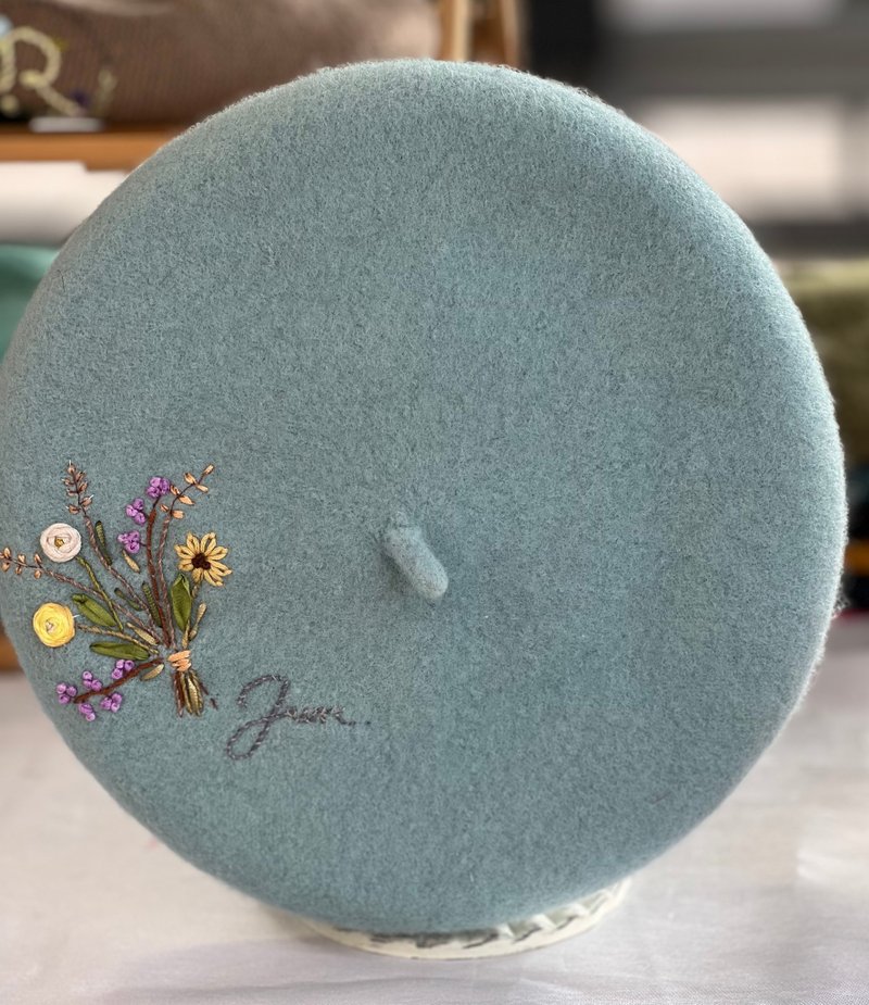 原创设计帽子新款秋冬羊毛手工刺绣帽子 - 帽子 - 羊毛 蓝色