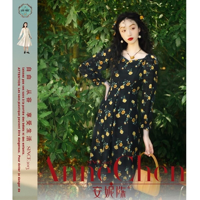 黑底黄玫瑰连衣裙 - 洋装/连衣裙 - 其他材质 黑色