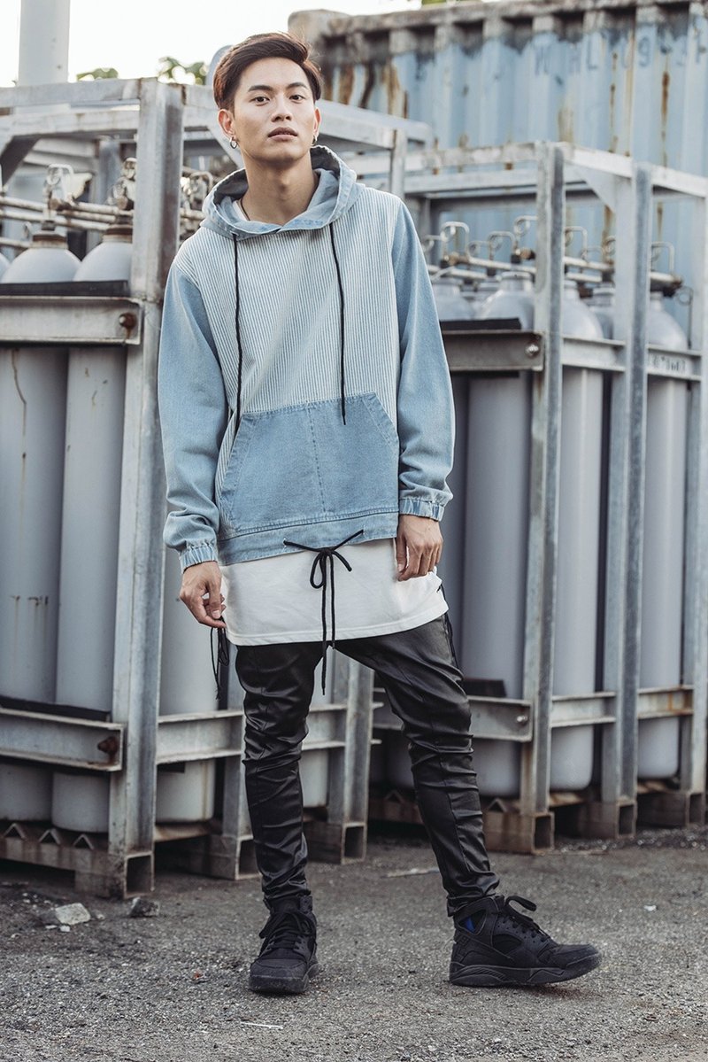 条纹牛仔帽Ｔ#8761 - 中性连帽卫衣/T 恤 - 其他材质 蓝色