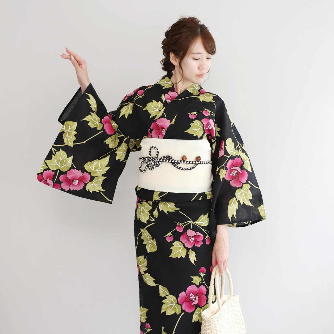 日本 和服 日本染色 梭织 女性 浴衣 腰封 2件组 F x29-b2 yukata - 其他 - 棉 黑色