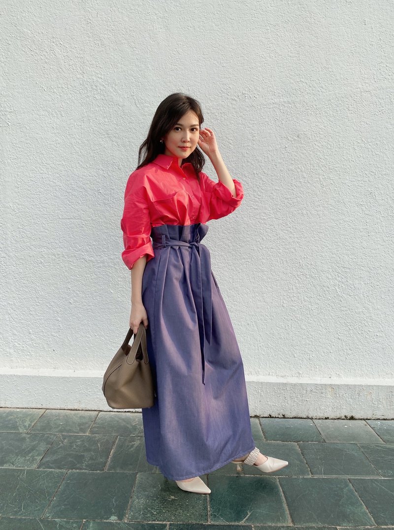 cocorose 撞色衬衫洋装 仙丹红 - 洋装/连衣裙 - 棉．麻 