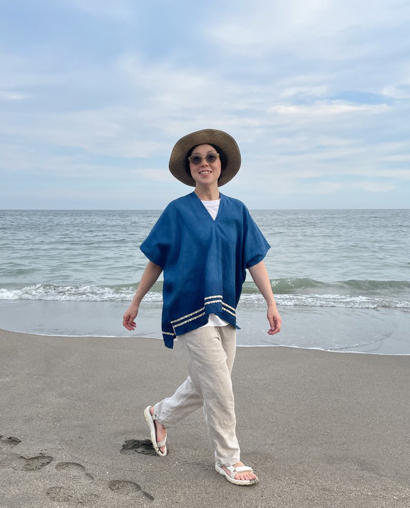 法国亚麻染制连帽罩衫 附古董蕾丝 French Linen Dress JAPANBLUE 蓝染 - 晚装/礼服 - 棉．麻 蓝色