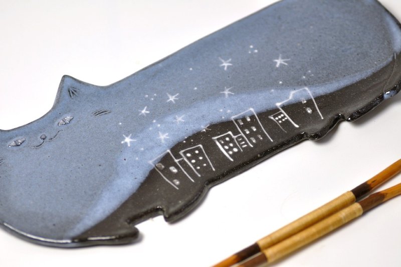 Hoshinoneko's long plate Mid-Night town Large - 盘子/餐盘/盘架 - 陶 蓝色