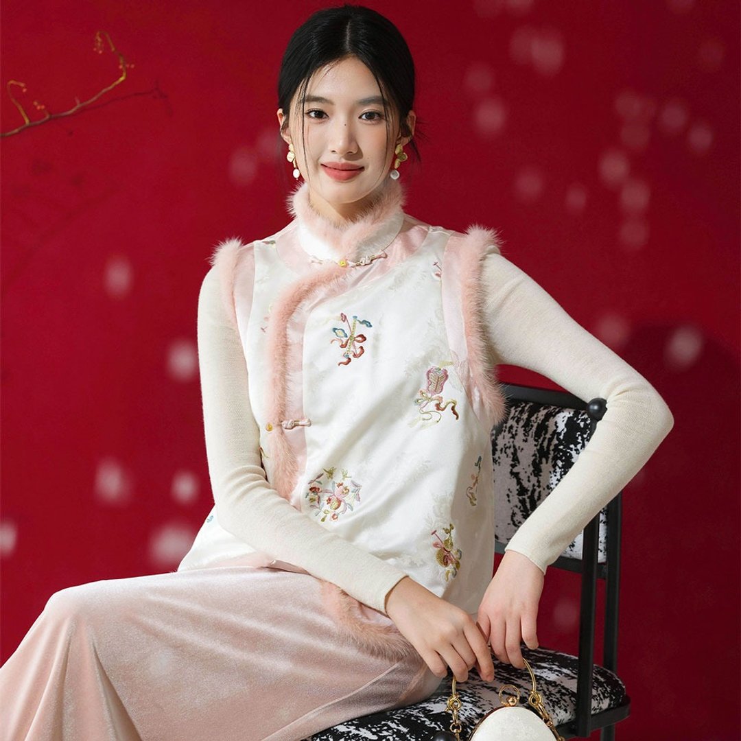 【國風刺繡】新中式復古風 提花夾棉馬甲/疊穿上衣/半裙 - 女装上衣 - 其他材质 粉红色